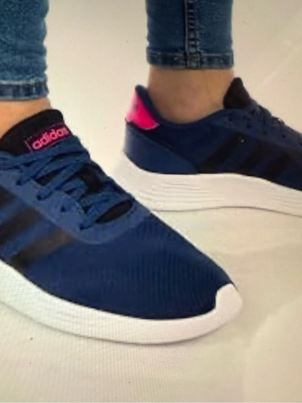Size 4 adidas Women's Navy and Black Sneakers with Pink Heel Accent